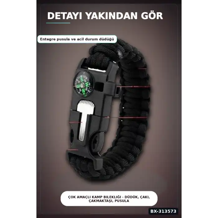 Çok Amaçlı Kamp Bilekliği - Düdük, Çakı, Çakmaktaşı, Pusula ve Paraşüt İpi Dahil BX-313573
