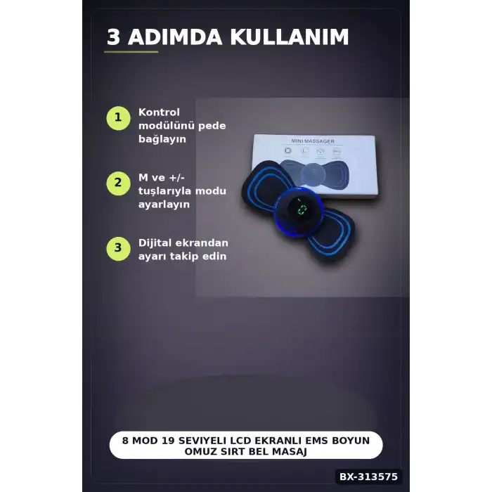 8 Mod 19 Seviyeli LCD Ekranlı EMS Boyun Omuz Sırt Bel Masaj Bandı USB Şarjlı BX-313575