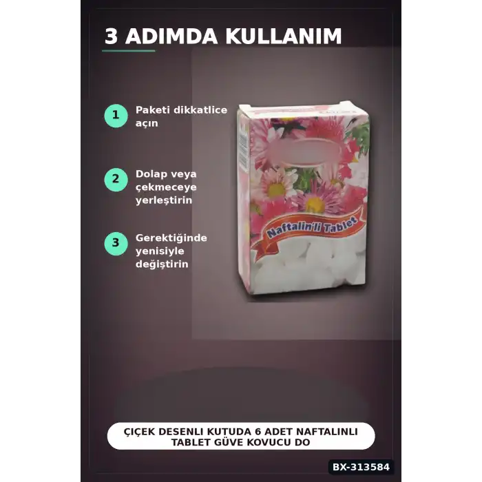 Çiçek Desenli Kutuda 6 Adet Naftalinli Tablet Güve Kovucu Dolap Çekmece Koruyucu BX-313584