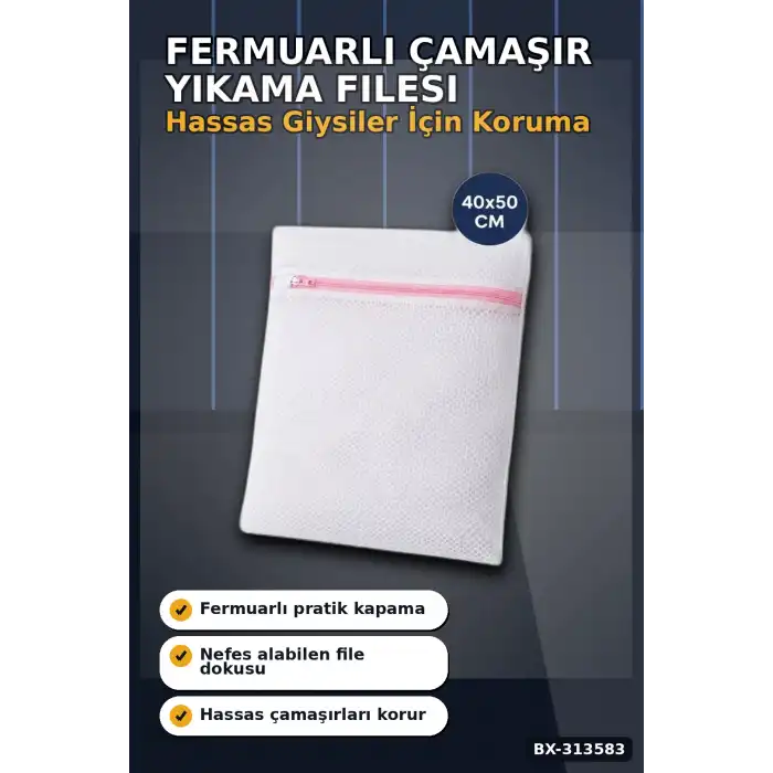 Fermuarlı 40x50 cm Çamaşır Yıkama Filesi - Hassas Kıyafet Koruma Torbası BX-313583