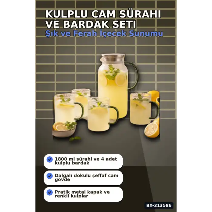 Kulplu 1800 ml Cam Sürahi Ve 350 ml 4 Bardak Seti - 5 Parça Şeffaf BX-313586