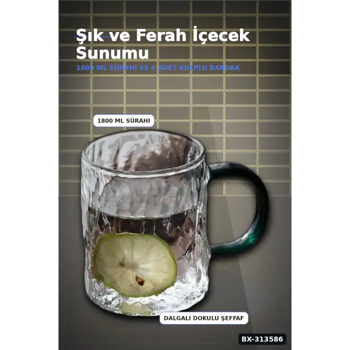 Kulplu 1800 ml Cam Sürahi Ve 350 ml 4 Bardak Seti - 5 Parça Şeffaf BX-313586