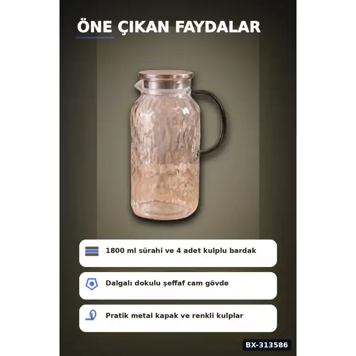 Kulplu 1800 ml Cam Sürahi Ve 350 ml 4 Bardak Seti - 5 Parça Şeffaf BX-313586