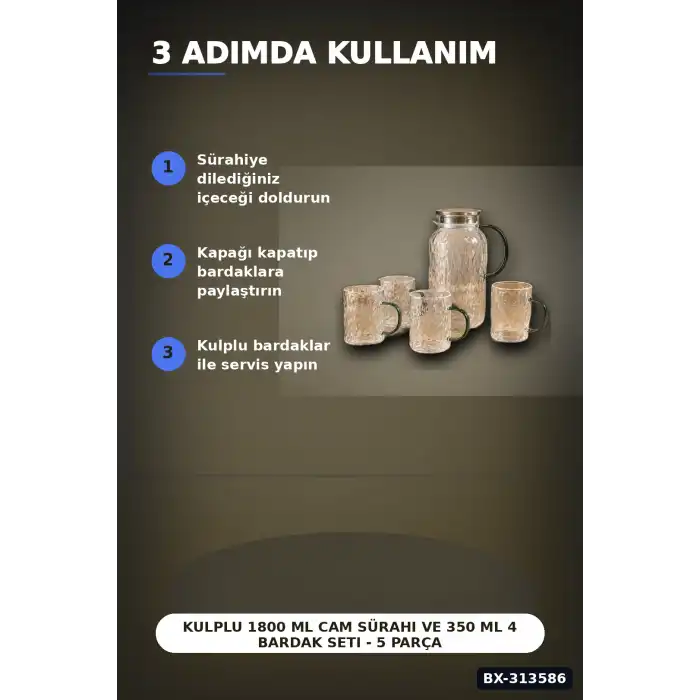 Kulplu 1800 ml Cam Sürahi Ve 350 ml 4 Bardak Seti - 5 Parça Şeffaf BX-313586