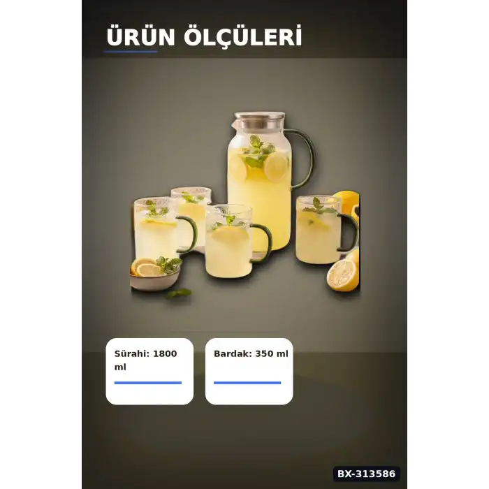 Kulplu 1800 ml Cam Sürahi Ve 350 ml 4 Bardak Seti - 5 Parça Şeffaf BX-313586