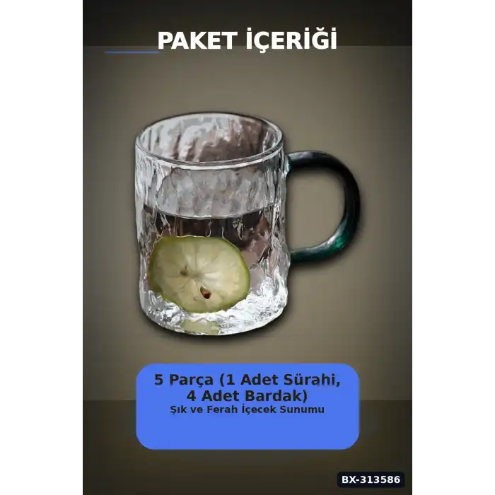 Kulplu 1800 ml Cam Sürahi Ve 350 ml 4 Bardak Seti - 5 Parça Şeffaf BX-313586