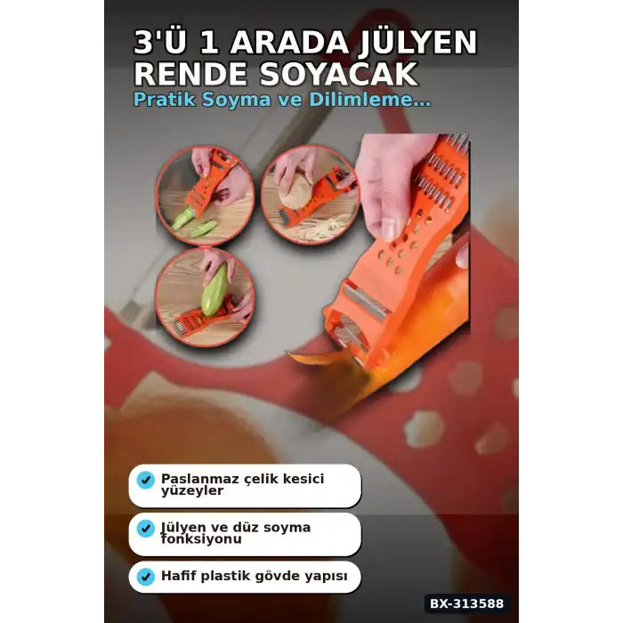 Paslanmaz Çelik Bıçaklı 3ü 1 Arada Jülyen Rende Soyacak Doğrayıcı Mutfak Aleti BX-313588