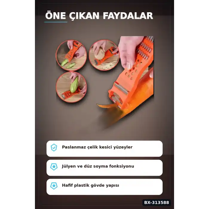 Paslanmaz Çelik Bıçaklı 3ü 1 Arada Jülyen Rende Soyacak Doğrayıcı Mutfak Aleti BX-313588