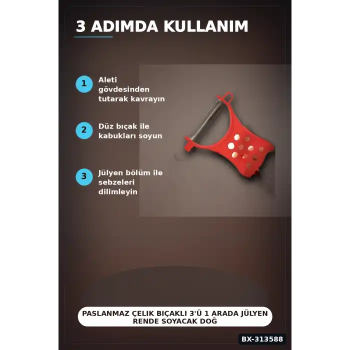 Paslanmaz Çelik Bıçaklı 3ü 1 Arada Jülyen Rende Soyacak Doğrayıcı Mutfak Aleti BX-313588