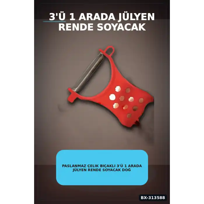 Paslanmaz Çelik Bıçaklı 3ü 1 Arada Jülyen Rende Soyacak Doğrayıcı Mutfak Aleti BX-313588