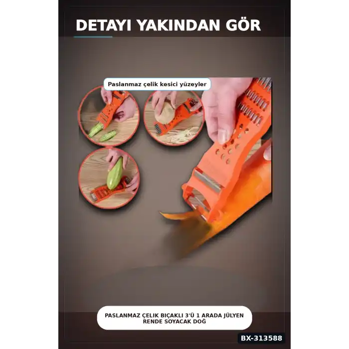 Paslanmaz Çelik Bıçaklı 3ü 1 Arada Jülyen Rende Soyacak Doğrayıcı Mutfak Aleti BX-313588