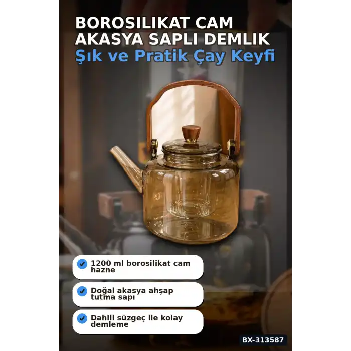 Borosilikat Cam Demlik 1200 Ml Akasya Saplı Süzgeçli Bulaşık Makinesinde Yıkanabilir BX-313587