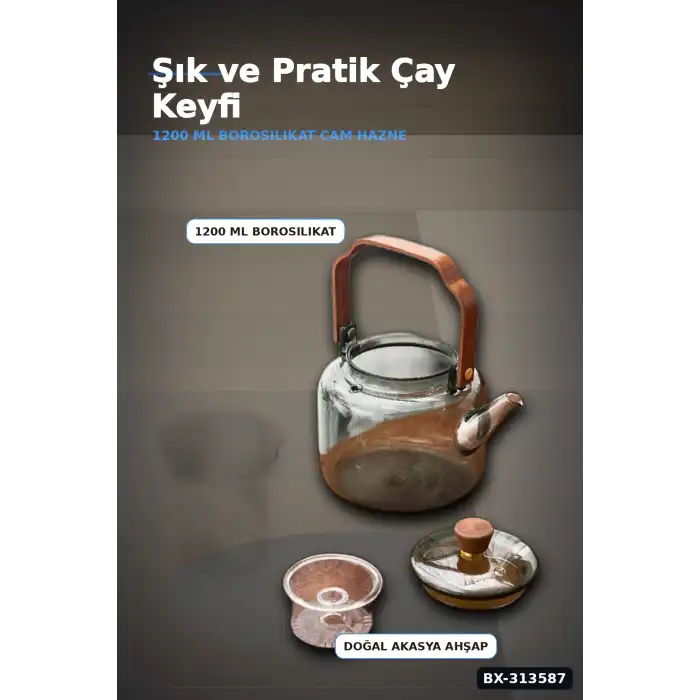 Borosilikat Cam Demlik 1200 Ml Akasya Saplı Süzgeçli Bulaşık Makinesinde Yıkanabilir BX-313587