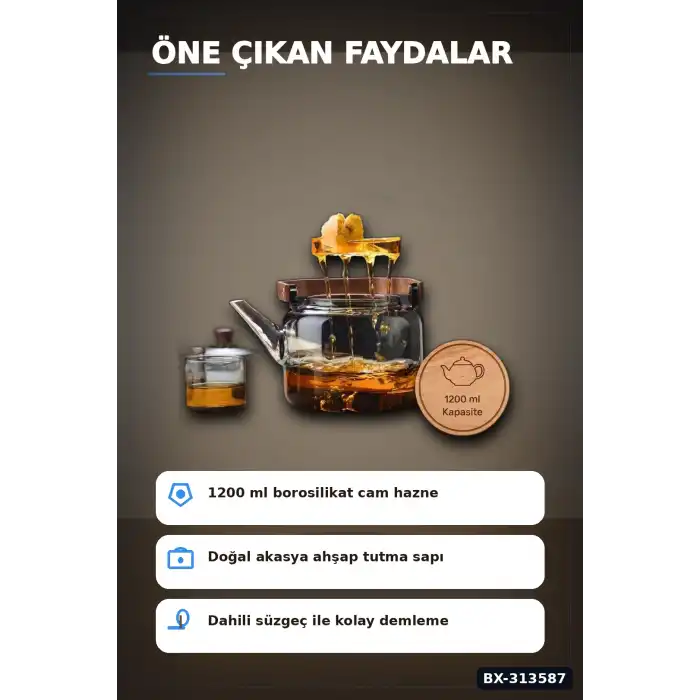 Borosilikat Cam Demlik 1200 Ml Akasya Saplı Süzgeçli Bulaşık Makinesinde Yıkanabilir BX-313587