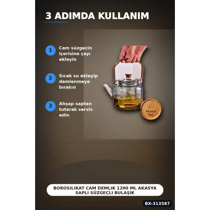 Borosilikat Cam Demlik 1200 Ml Akasya Saplı Süzgeçli Bulaşık Makinesinde Yıkanabilir BX-313587