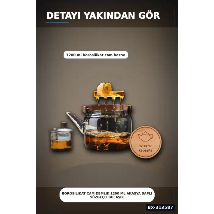 Borosilikat Cam Demlik 1200 Ml Akasya Saplı Süzgeçli Bulaşık Makinesinde Yıkanabilir BX-313587