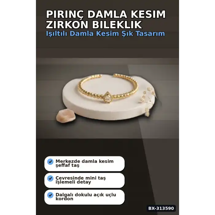 Damla Kesim Zirkon Taşlı Dorika Model Rengi Pirinç Kadın Bileklik 1 Adet BX-313590