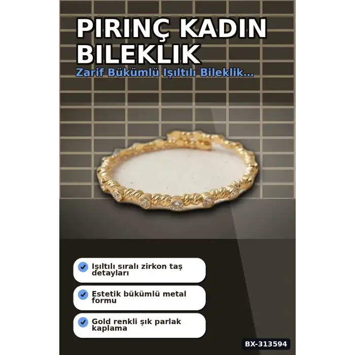 Sıralı Zirkon Taşlı Pirinç Kadın Bileklik - Gold Renk Tekli Parça, Bijuteri Aksesuar BX-313594