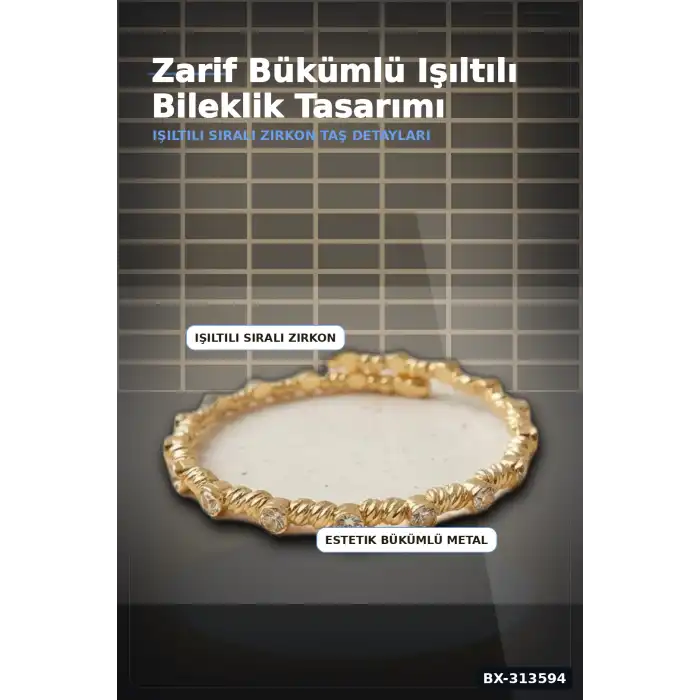 Sıralı Zirkon Taşlı Pirinç Kadın Bileklik - Gold Renk Tekli Parça, Bijuteri Aksesuar BX-313594