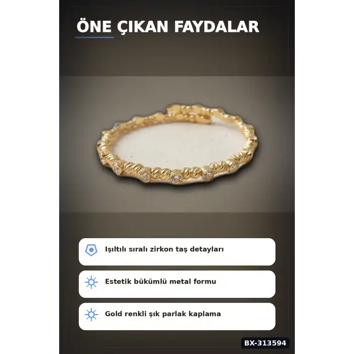 Sıralı Zirkon Taşlı Pirinç Kadın Bileklik - Gold Renk Tekli Parça, Bijuteri Aksesuar BX-313594