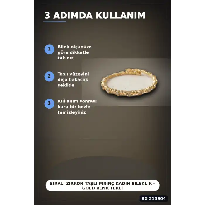 Sıralı Zirkon Taşlı Pirinç Kadın Bileklik - Gold Renk Tekli Parça, Bijuteri Aksesuar BX-313594