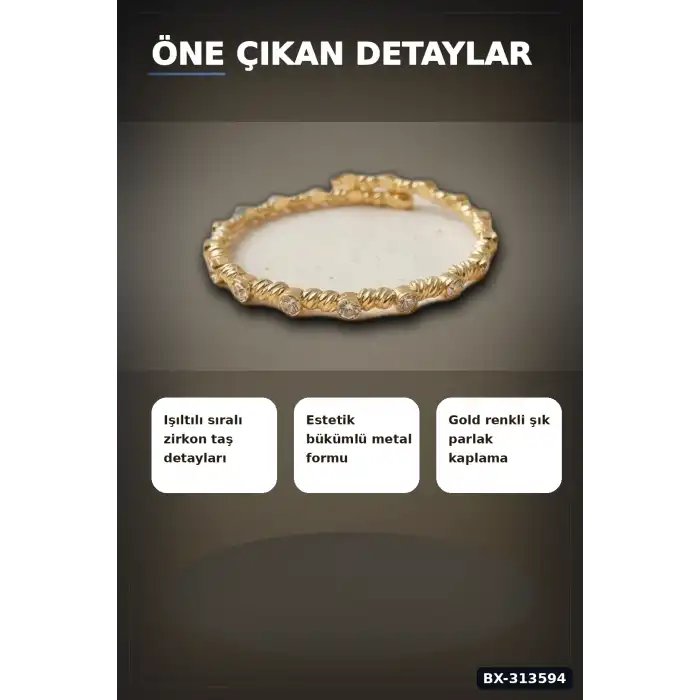 Sıralı Zirkon Taşlı Pirinç Kadın Bileklik - Gold Renk Tekli Parça, Bijuteri Aksesuar BX-313594