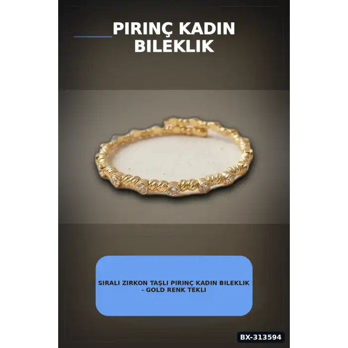 Sıralı Zirkon Taşlı Pirinç Kadın Bileklik - Gold Renk Tekli Parça, Bijuteri Aksesuar BX-313594