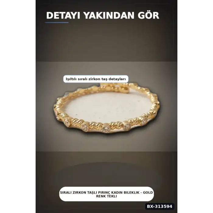 Sıralı Zirkon Taşlı Pirinç Kadın Bileklik - Gold Renk Tekli Parça, Bijuteri Aksesuar BX-313594