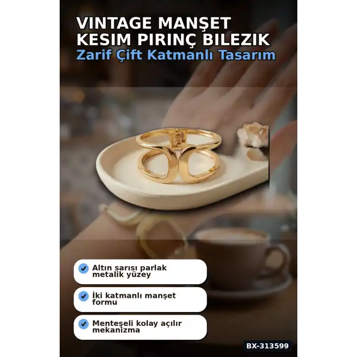 Vintage Manşet Kesim Pirinç Bilezik - Tekli Paket, Kadın Takı Aksesuarı BX-313599