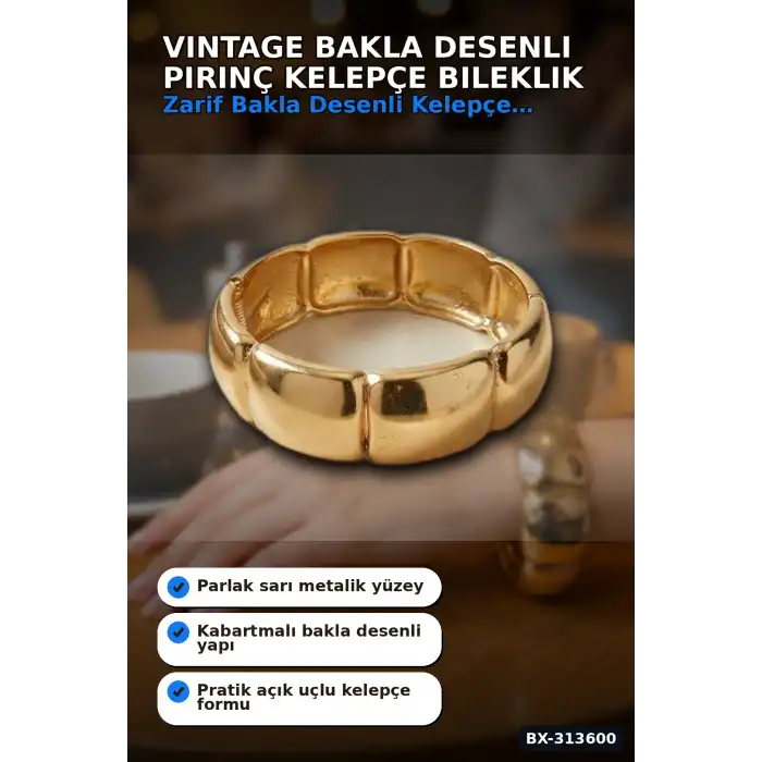 Vintage Bakla Desenli Pirinç Kalın Kelepçe Bileklik - 1 Adet, Kadın Takı Aksesuarı BX-313600