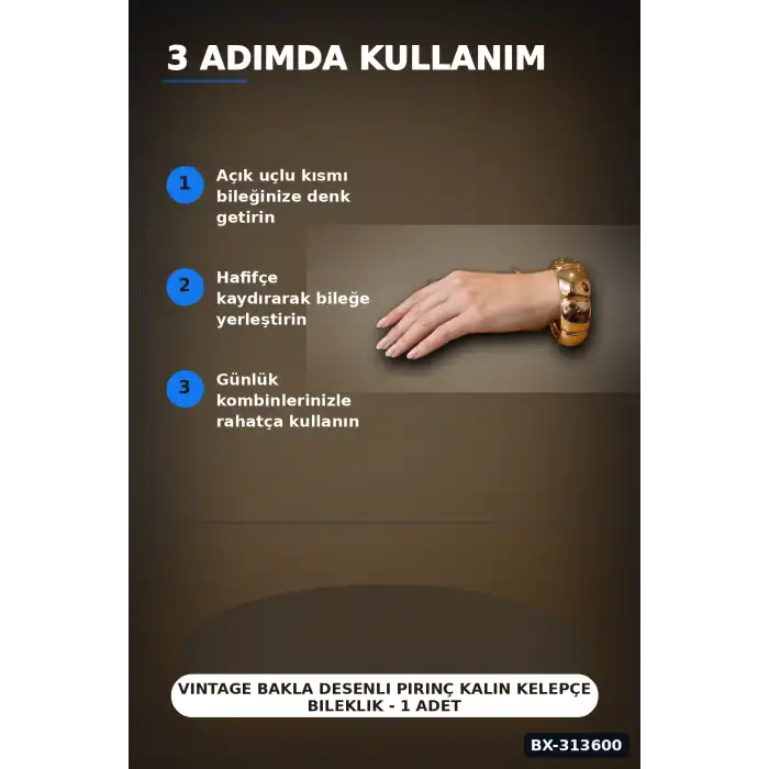 Vintage Bakla Desenli Pirinç Kalın Kelepçe Bileklik - 1 Adet, Kadın Takı Aksesuarı BX-313600