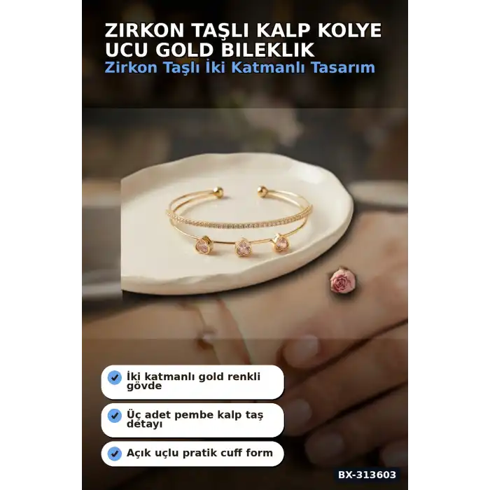 Zirkon Taşlı Kalp Kolye Ucu Gold Bileklik - Pirinç Materyal Kadın Aksesuarı BX-313603