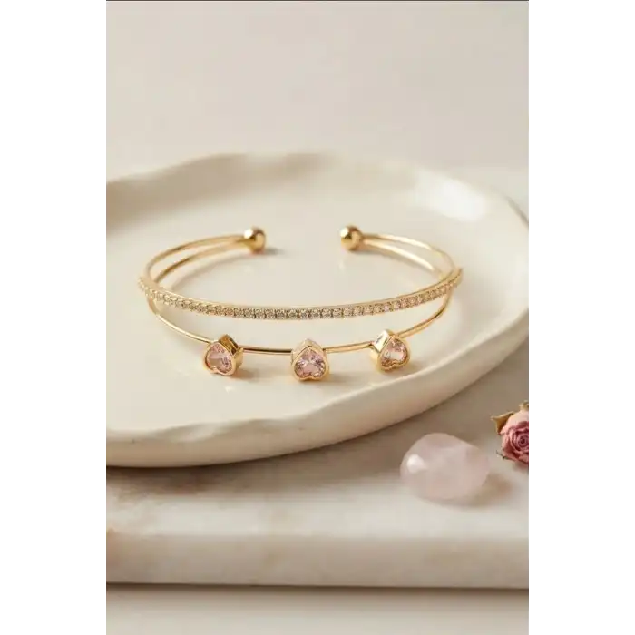 Zirkon Taşlı Kalp Kolye Ucu Gold Bileklik - Pirinç Materyal Kadın Aksesuarı BX-313603