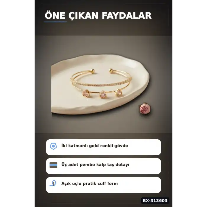 Zirkon Taşlı Kalp Kolye Ucu Gold Bileklik - Pirinç Materyal Kadın Aksesuarı BX-313603