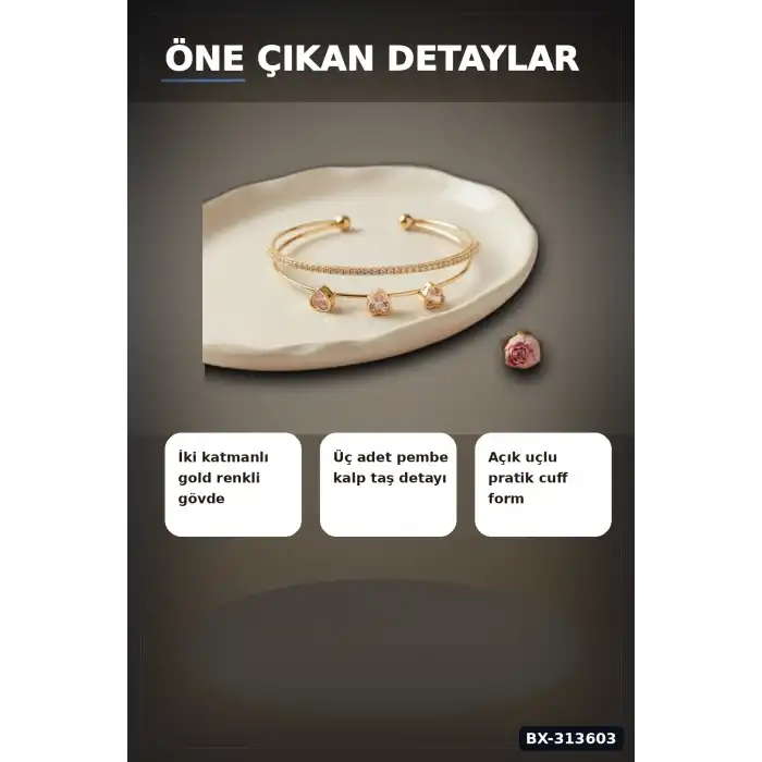 Zirkon Taşlı Kalp Kolye Ucu Gold Bileklik - Pirinç Materyal Kadın Aksesuarı BX-313603