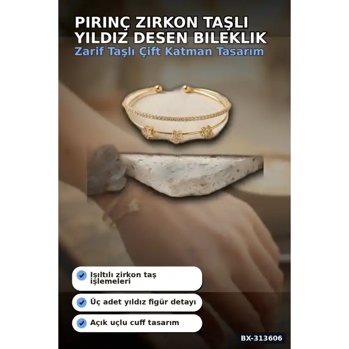 Pirinç Zirkon Taşlı Yıldız Desen Gold Renk Bileklik - 1 Adet Bayan Takı BX-313606