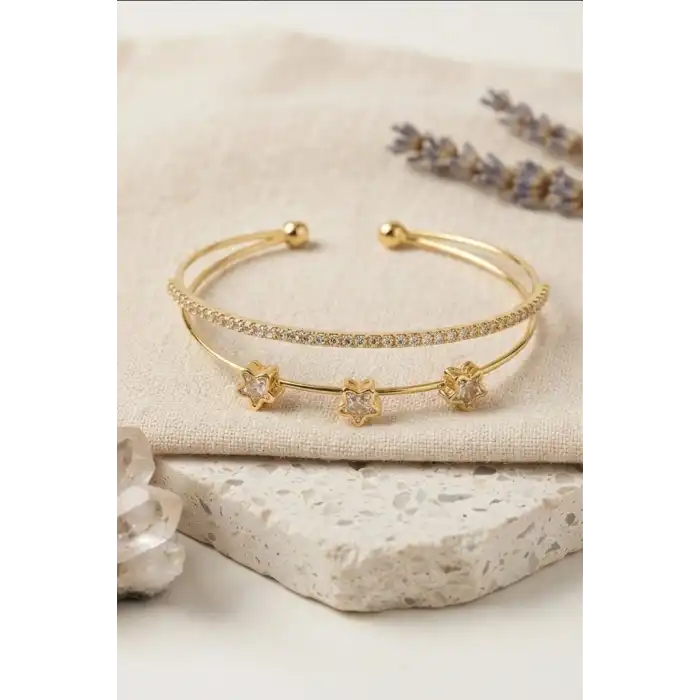 Pirinç Zirkon Taşlı Yıldız Desen Gold Renk Bileklik - 1 Adet Bayan Takı BX-313606