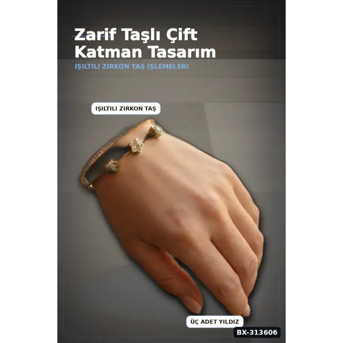 Pirinç Zirkon Taşlı Yıldız Desen Gold Renk Bileklik - 1 Adet Bayan Takı BX-313606