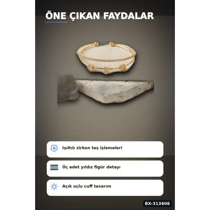 Pirinç Zirkon Taşlı Yıldız Desen Gold Renk Bileklik - 1 Adet Bayan Takı BX-313606