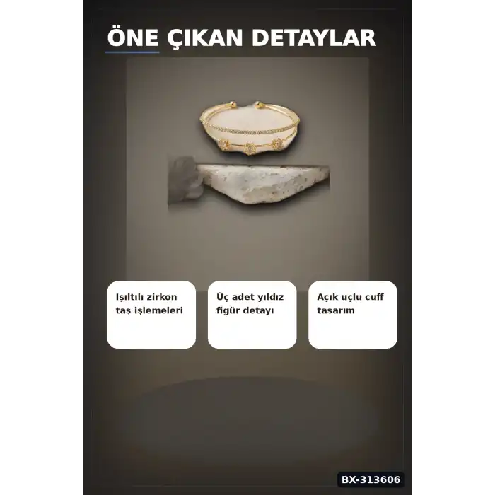 Pirinç Zirkon Taşlı Yıldız Desen Gold Renk Bileklik - 1 Adet Bayan Takı BX-313606