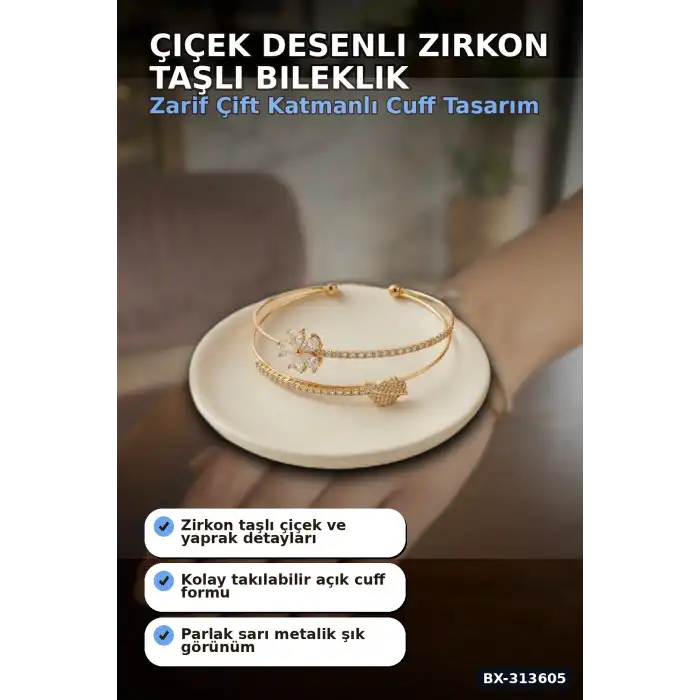 Çiçek Desenli Zirkon Taşlı Kadın Bileklik - Pirinç Materyal - Tekli Takı BX-313605