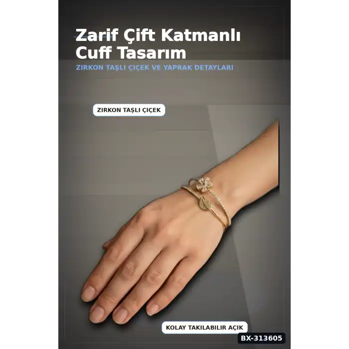 Çiçek Desenli Zirkon Taşlı Kadın Bileklik - Pirinç Materyal - Tekli Takı BX-313605