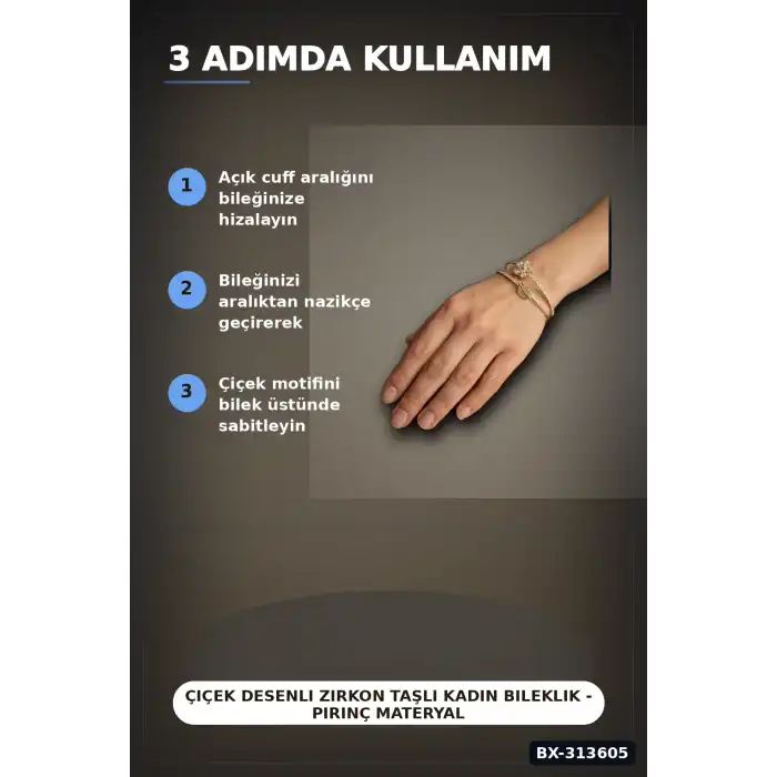 Çiçek Desenli Zirkon Taşlı Kadın Bileklik - Pirinç Materyal - Tekli Takı BX-313605