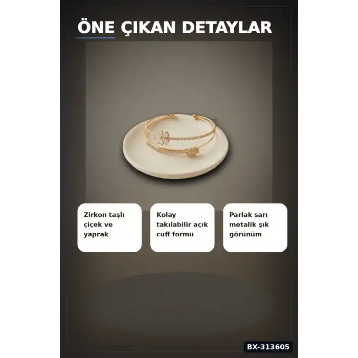 Çiçek Desenli Zirkon Taşlı Kadın Bileklik - Pirinç Materyal - Tekli Takı BX-313605