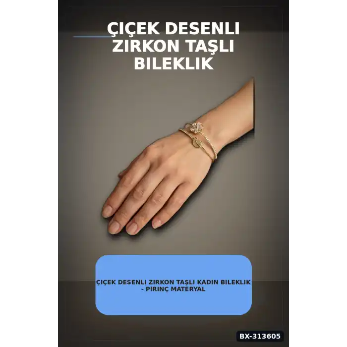 Çiçek Desenli Zirkon Taşlı Kadın Bileklik - Pirinç Materyal - Tekli Takı BX-313605