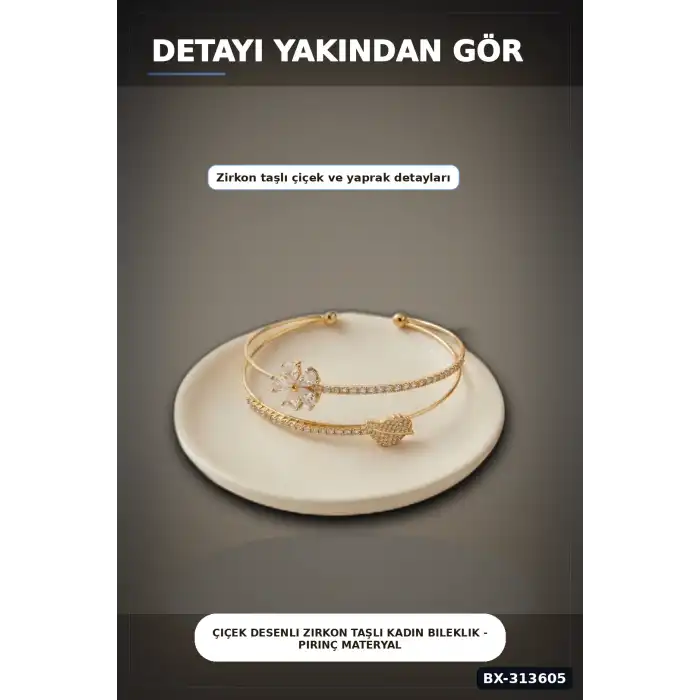 Çiçek Desenli Zirkon Taşlı Kadın Bileklik - Pirinç Materyal - Tekli Takı BX-313605