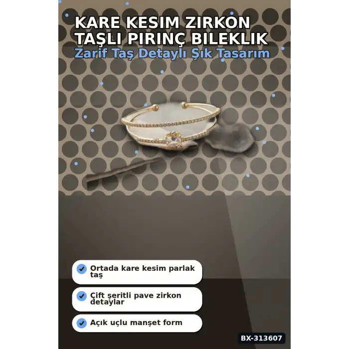 Simetrik Kare Kesim Zirkon Taşlı Pirinç Kadın Bileklik 18 cm Tekli Paket BX-313607