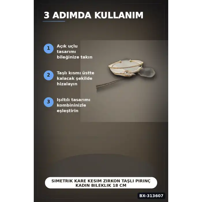 Simetrik Kare Kesim Zirkon Taşlı Pirinç Kadın Bileklik 18 cm Tekli Paket BX-313607