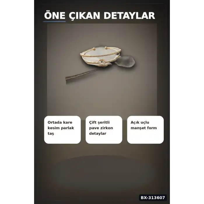 Simetrik Kare Kesim Zirkon Taşlı Pirinç Kadın Bileklik 18 cm Tekli Paket BX-313607