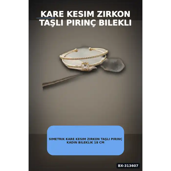 Simetrik Kare Kesim Zirkon Taşlı Pirinç Kadın Bileklik 18 cm Tekli Paket BX-313607